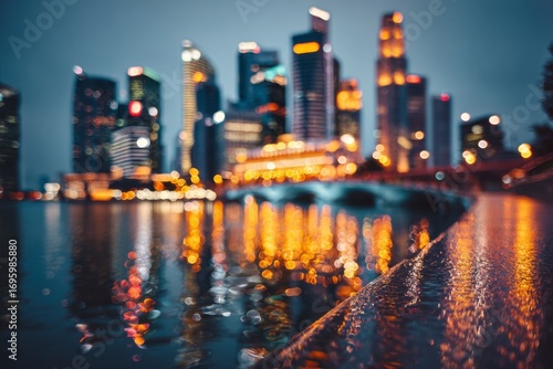 Outoffocus nighttime cityscape with water reflections and golden blurred lights