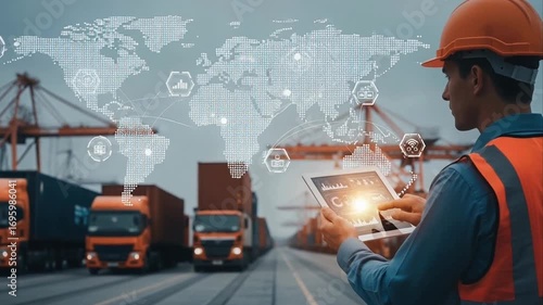 Logistics Manager Tracking Global Supply Chain on a Tablet at a Container Port.