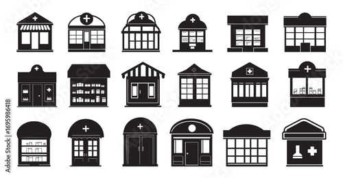 Medical Store Front Icon Set – Pharmacy Vector Symbols. Pharmacy Shop Vector Icons, Medical Storefront Illustration.