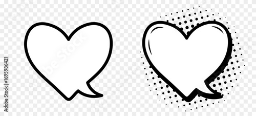 A set of retro comic book style speech bubbles on a transparent background. Heart-shaped speech bubbles or elements of cartoon design, comics. Vector illustration.