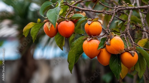 Persimmons hang from a tree branch their vibrant orange fruits contrasting with green leaves