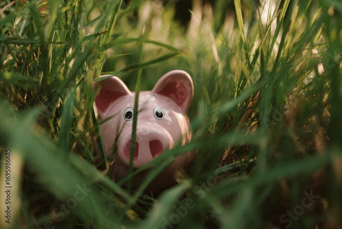 Piggy bank in grass A pink piggy bank is nestled among green grass blades