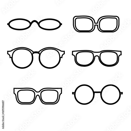 Icon of a set of stylish glasses front view. Vector illustration of glasses with various frame shapes. Funky party glasses cartoon for birthdays, carnivals, line art style.
