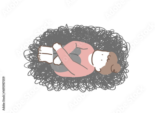 寝転んで考え事をしている女性のイラスト素材