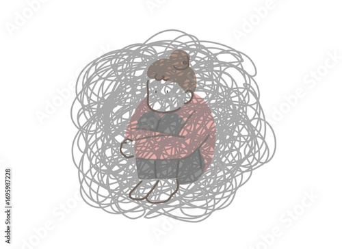 体育座りで落ち込んでいる女性のイラスト素材