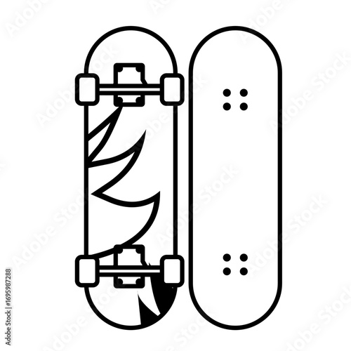 Icon of a black skateboard with flaming pattern, front and back view. Suitable for extreme sports theme or teenage hobby, line art style.
