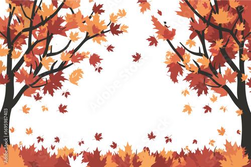 Vibrant autumn foliage with falling leaves creating a beautiful seasonal frame, perfect for decorative backgrounds, greeting cards, or festive design projects