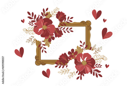 Intricate golden frame with a festive arrangement of deep red flowers and hearts, forming a charming decorative border ideal for elegant designs and romantic greetings