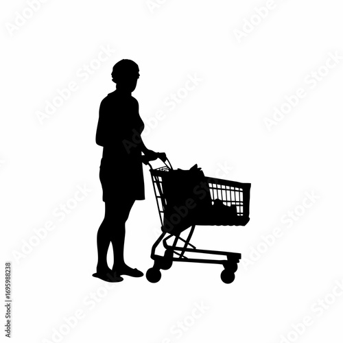 Silhouette of a shopper with a full grocery cart on a white background