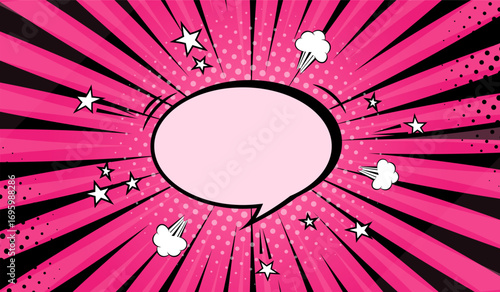 A cartoon comic book template with an oval speech bubble and a halftone on a pink background with black rays. Pop art style template for superhero text in comics, speech bubble, message. Vector EPS 10