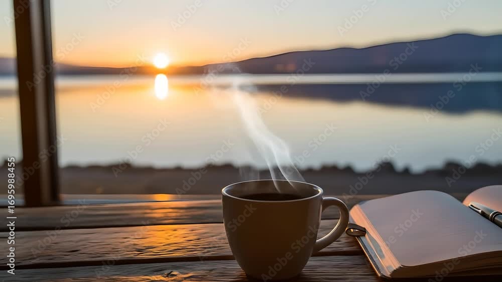custom made wallpaper toronto digitalSunrise over lake with coffee steam rising, journal on table, golden morning light. Ideal for wellness retreat ads, mindfulness content, travel vlogs, lifestyle promotions.