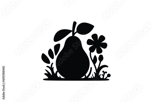 A stylized black silhouette icon of a pear fruit nestled in grass with a blooming flower and leaves