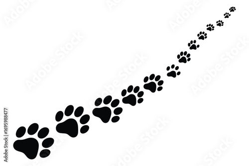 A trail of black animal paw prints creating a path that recedes into the distance, representing a walking journey. Vector illustration on an isolated white background
