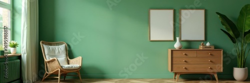 Wallpaper Mural Sage green wall, boho chair, commode, frames, accessories, copy space , room, interior, textiles Torontodigital.ca