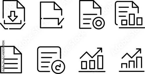 Black-and-white document icons — download, sync, search, report, refresh, and chart symbols for data analysis and productivity interfaces