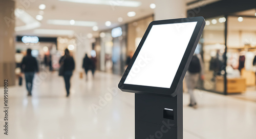 Interactive kiosk display with a blank white screen in a busy shopping mall, ideal for digital advertising and information