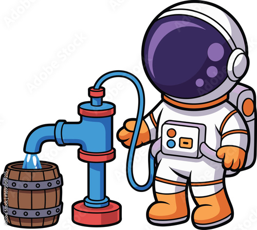 Cartoon astronaut pumping water into barrel — white suit, orange accents, purple visor, whimsical space utility scene, sci-fi sustainability concept