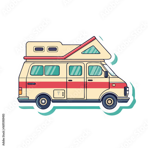 Flat Vector Illustration of a Camper Van with Roof Extension in Sticker Style