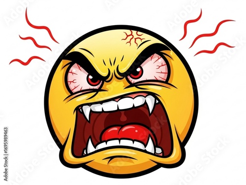 A highly expressive, angry yellow emoji with red eyes, sharp fangs, and visible veins, aggressively shouting with a wide-open mouth, surrounded by red lines indicating intense fury
