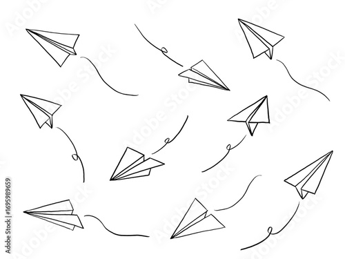 Hand drawn paper airplanes line drawing vector illustration set