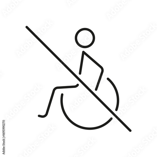 Wheelchair Accessibility Prohibited Line Icon. No Wheelchair Access, Restricted Mobility Area Outline Symbol. Accessibility Limitations. Editable Stroke. Isolated Vector Illustration