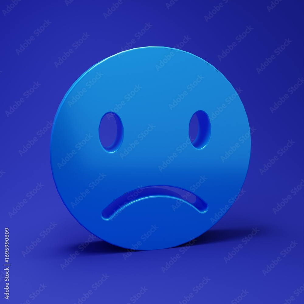 Fototapeta premium Blue Sad smile icon isolated on blue background. Emoticon face. Minimalism concept. 3D render illustration