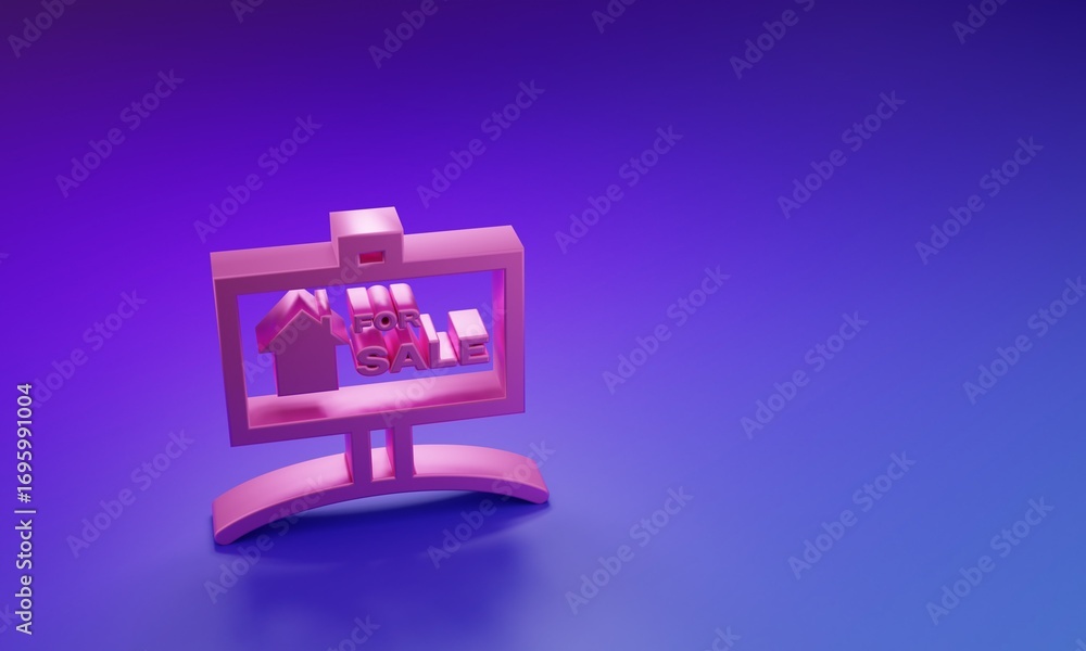 Obraz premium Pink Hanging sign with text For Sale icon isolated on purple-blue background. Signboard with text For Sale. Minimalism concept. 3D render illustration