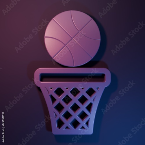 Purple Basketball ball and basket icon isolated on purple-blue background. Ball in basketball hoop. Minimalism concept. 3D render illustration