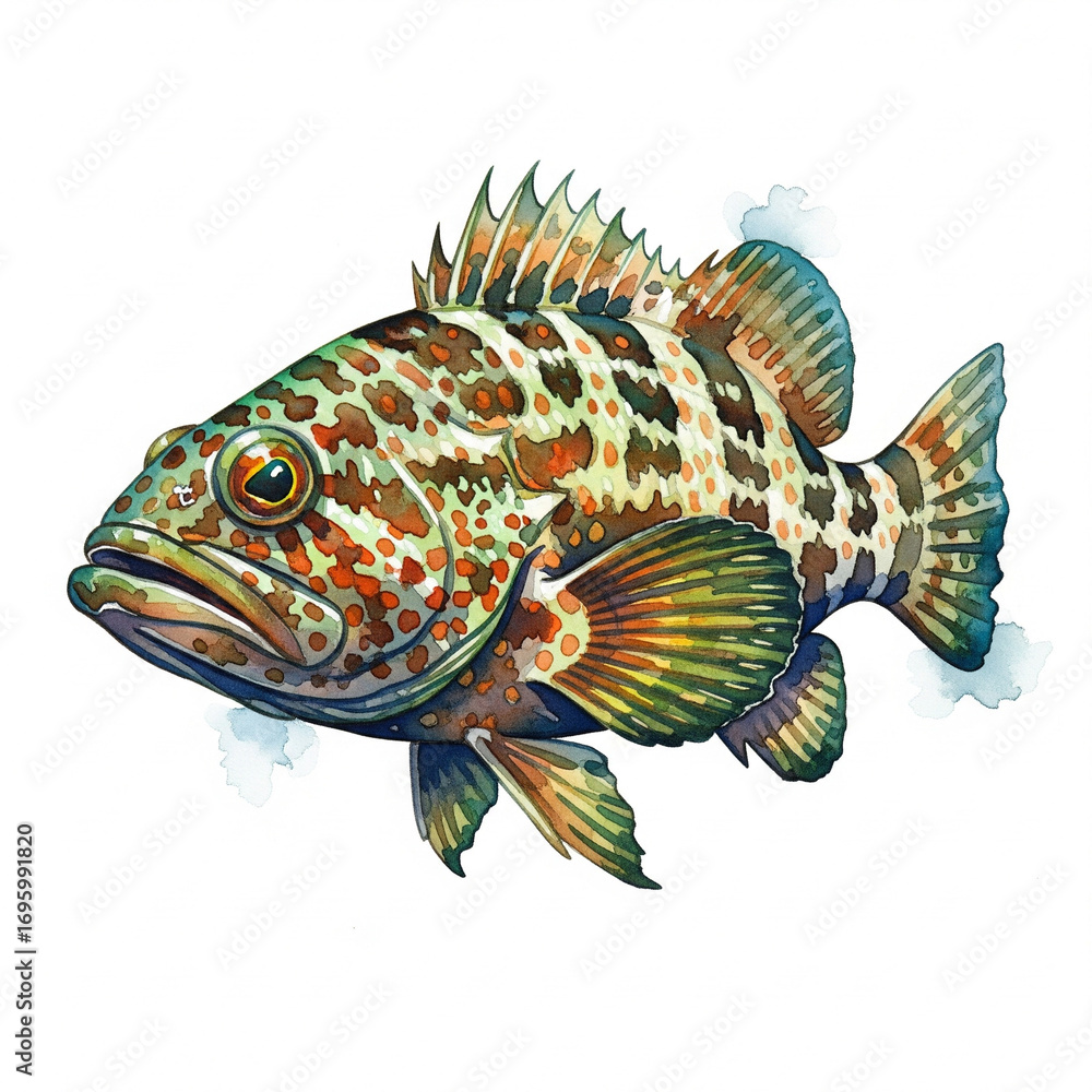 Fototapeta premium Grouper fish, watercolor, white background