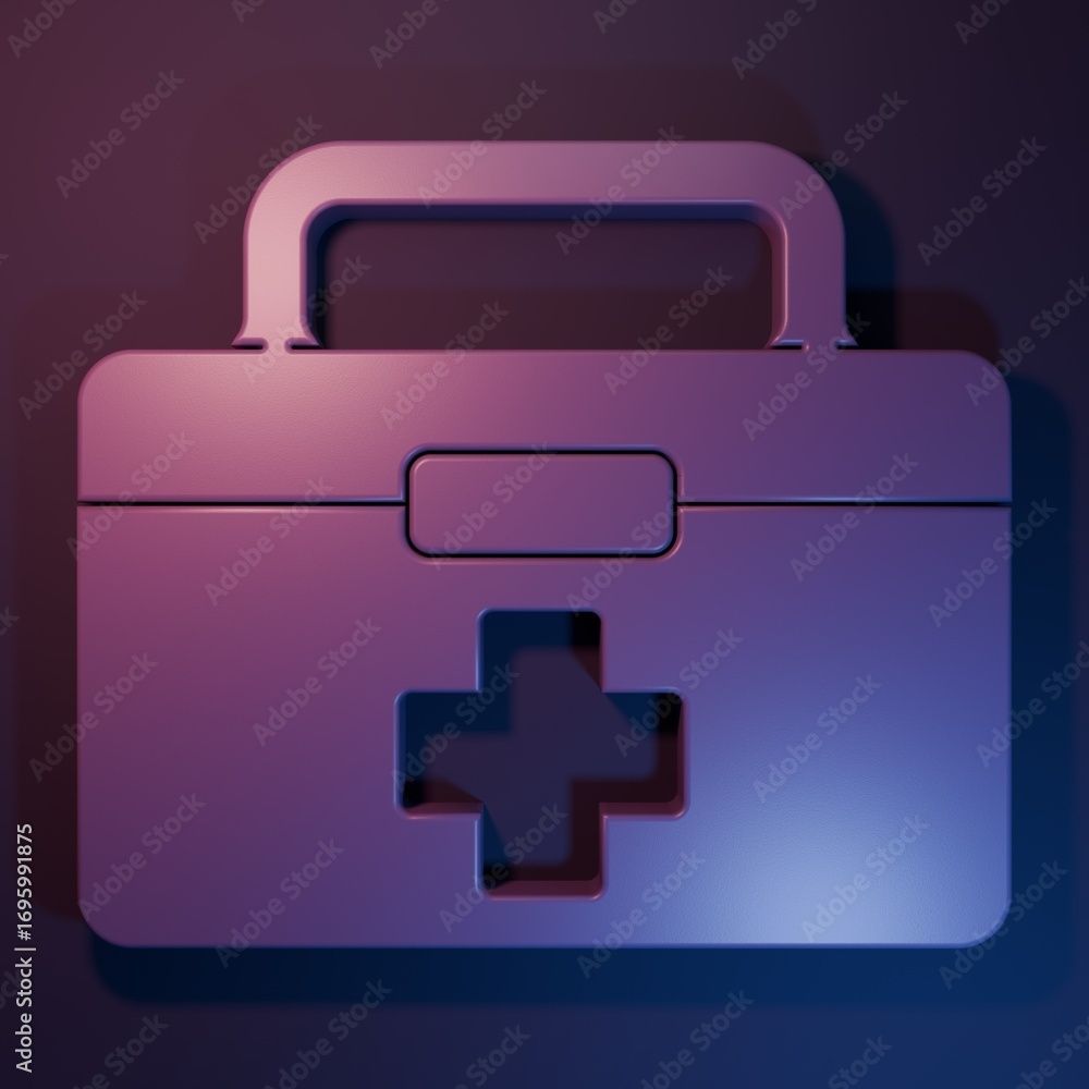 Obraz premium Purple First aid kit icon isolated on purple-blue background. Medical box with cross. Medical equipment for emergency. Healthcare concept. Minimalism concept. 3D render illustration