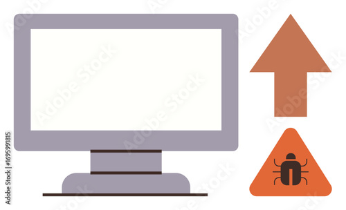 Computer monitor alongside triangle bug warning and upward arrow symbolizing cybersecurity risk, malware, or threat escalation. Ideal for technology, cybersecurity, virus, malware, software threat