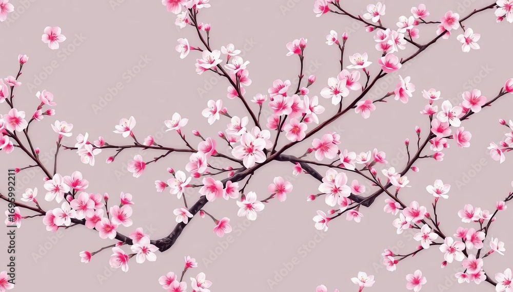 Fototapeta premium Elegant blossom tree branch pattern in muted tones, seamless repeat for textile, wallpaper, seamless, minimalist