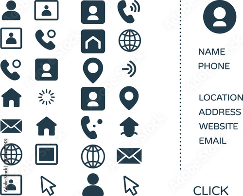 Dark blue contact and navigation icons — person, phone, globe, location, email, home, click, cursor, spinner for UI design