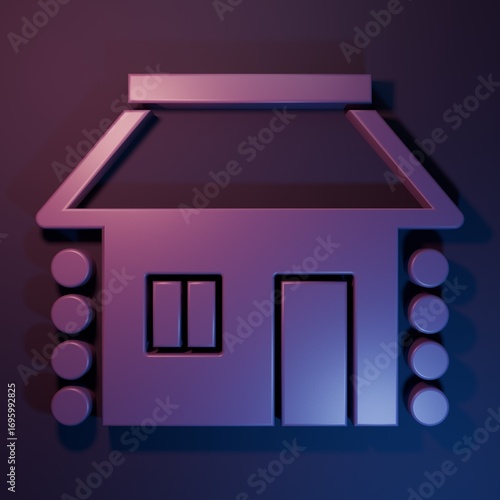 Purple Old Ukrainian house hut icon isolated on purple-blue background. Traditional village house. Minimalism concept. 3D render illustration