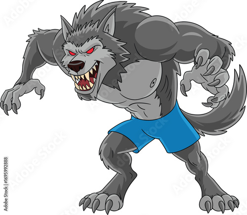 Fierce cartoon werewolf in blue shorts — muscular dark gray beast with glowing red eyes, claws, fangs, and aggressive combat stance