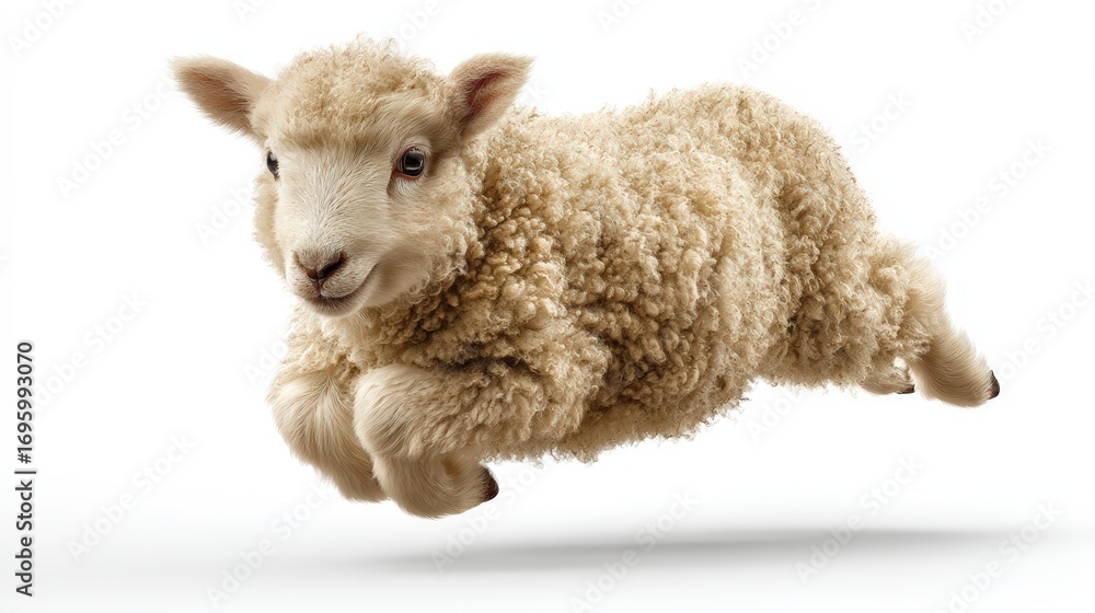 Fototapeta premium Adorable tiny fluffy baby lamb with soft curly wool lying on a white background, cute farm animal in close-up photography for nature or farm themed projects