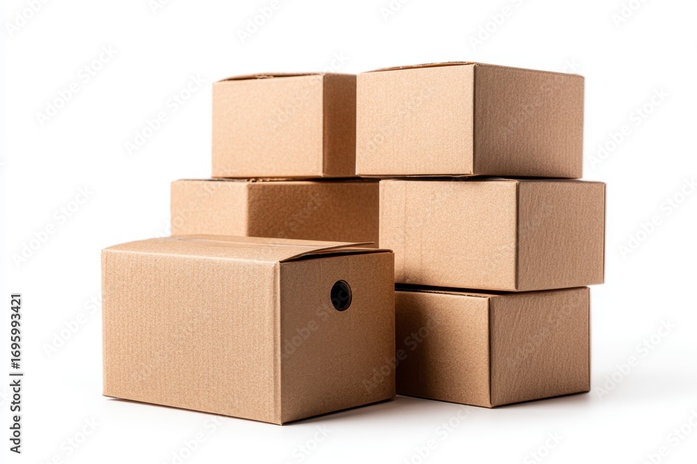 Obraz premium Stack of 6 cardboard boxes one featuring a circular hole casting shadows on a white surface