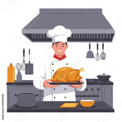 A proud chef presents a perfectly golden-brown roasted chicken on a tray in a professional kitchen, depicted in a vibrant 2D flat vector illustration.