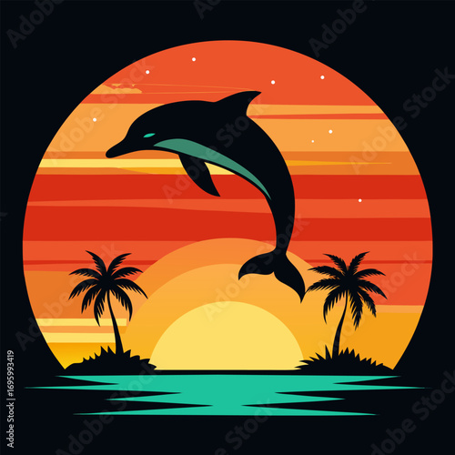 silhouette of a dolphins jumping into the sunset