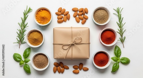 Wallpaper Mural Overhead View of Food Ingredients and Gift Box on White Background Torontodigital.ca