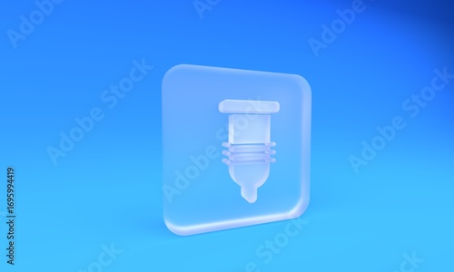 Frosted glass Condom safe sex icon isolated on blue background. Safe love symbol. Contraceptive method for male. Square frosted glass button. 3D render illustration