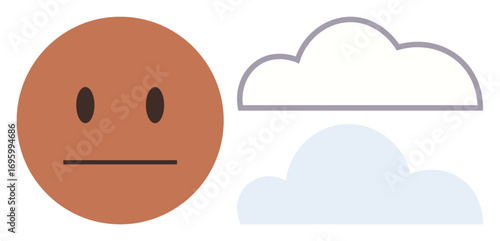 Neutral face paired with overcast clouds illustrating a mood of calm, indifference, or introspection. Ideal for mental health, emotions, mindfulness, weather, mood, serenity and communication