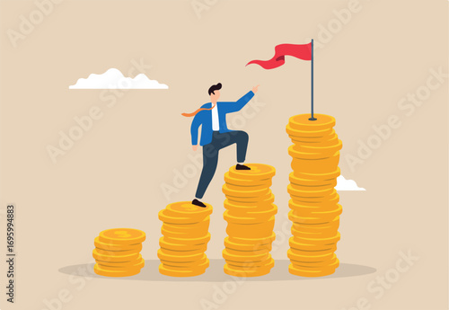 Flat illustration of businessman climb money coin stack to achieve red target flag financial goal achievement investment plan salary growth