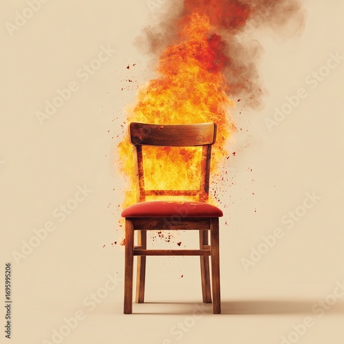 Wooden chair ablaze in dramatic fiery explosion on beige background