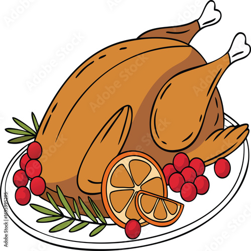 Roast turkey illustration with herbs and citrus garnish isolated on white background for holiday and festive design