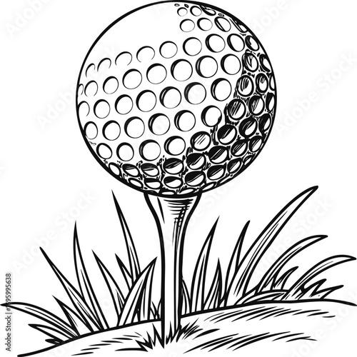 Golf ball on tee illustration with grass detail isolated on white background