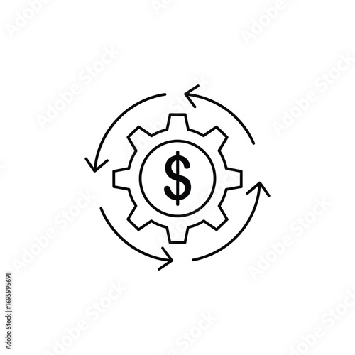 A clear concept of a financial mechanism, showing a dollar sign within a gear surrounded by arrows, symbolizing a continuous money cycle and economic process