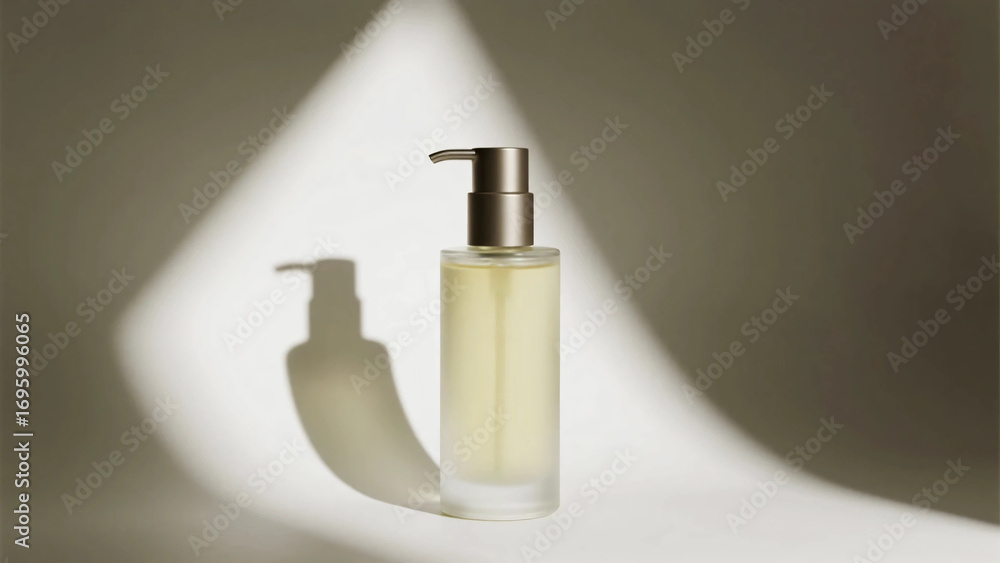 Obraz premium Glass Pump Bottle with Neutral Tones. mock up. skin care. cosme. perfume.