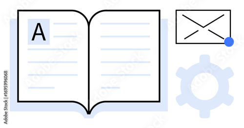 Open book with text, envelope with a notification dot, and gear symbolizing knowledge, communication, system settings. Ideal for education, email management, notifications, organization digital