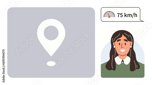 Geolocation symbol alongside smiling woman with conversational speech bubble showing speed metric. Ideal for maps, tracking, navigation, speed monitoring, travel, technology, communication. Simple